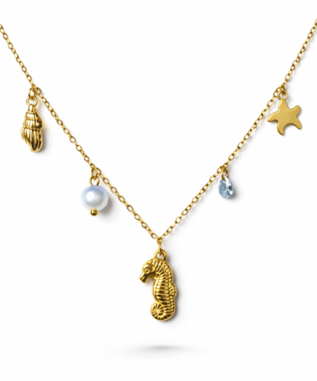 Seahorse Starfish Crystal Ocean Charm Necklace With Blue Pearl