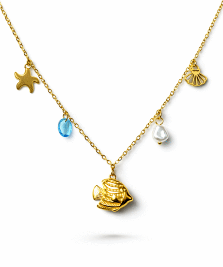 Golden Ocean Fish Charm Necklace With Pearl Blue Crystal
