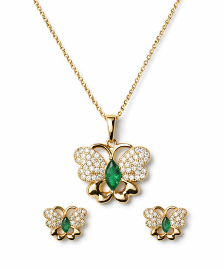 Emerald Green Butterfly Diamond Crystal Necklace Set