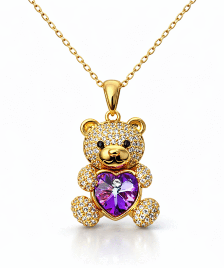 Amethyst Heart Teddy Bear Pendant Necklace