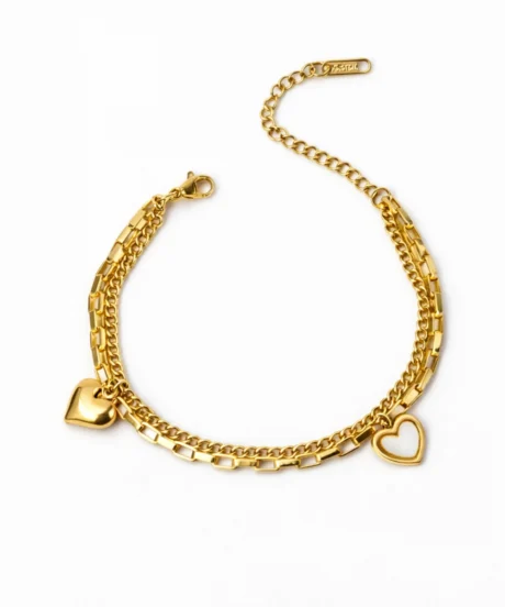 Golden Dual Heart Enamel Charm Bracelet