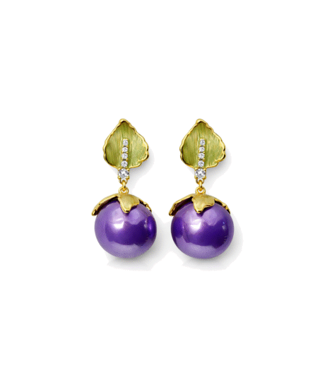 Royal Purple Pearl Diamond Green Leaf Earrings