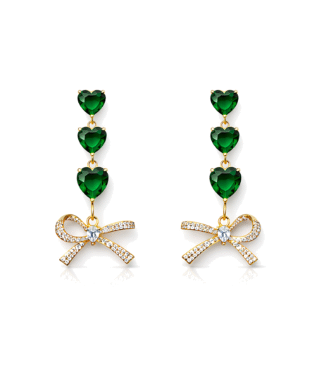 Emerald Heart Bow CZ Diamond Drop Earrings