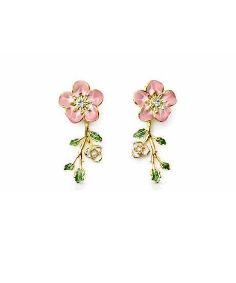 Blush Petal Drop Pink Green Enamel Flower Danglers Earrings