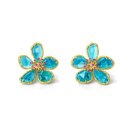Aqua Bloom Green Crystal Floral Pink Stone Cluster Earrings